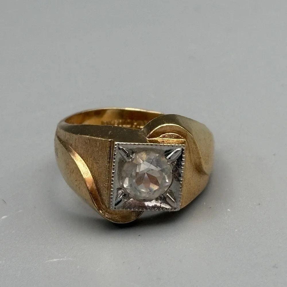 Vintage Mens 10k Gold Filled Ring Clear Stone 9.75 MCM Bold Statement 9.58g